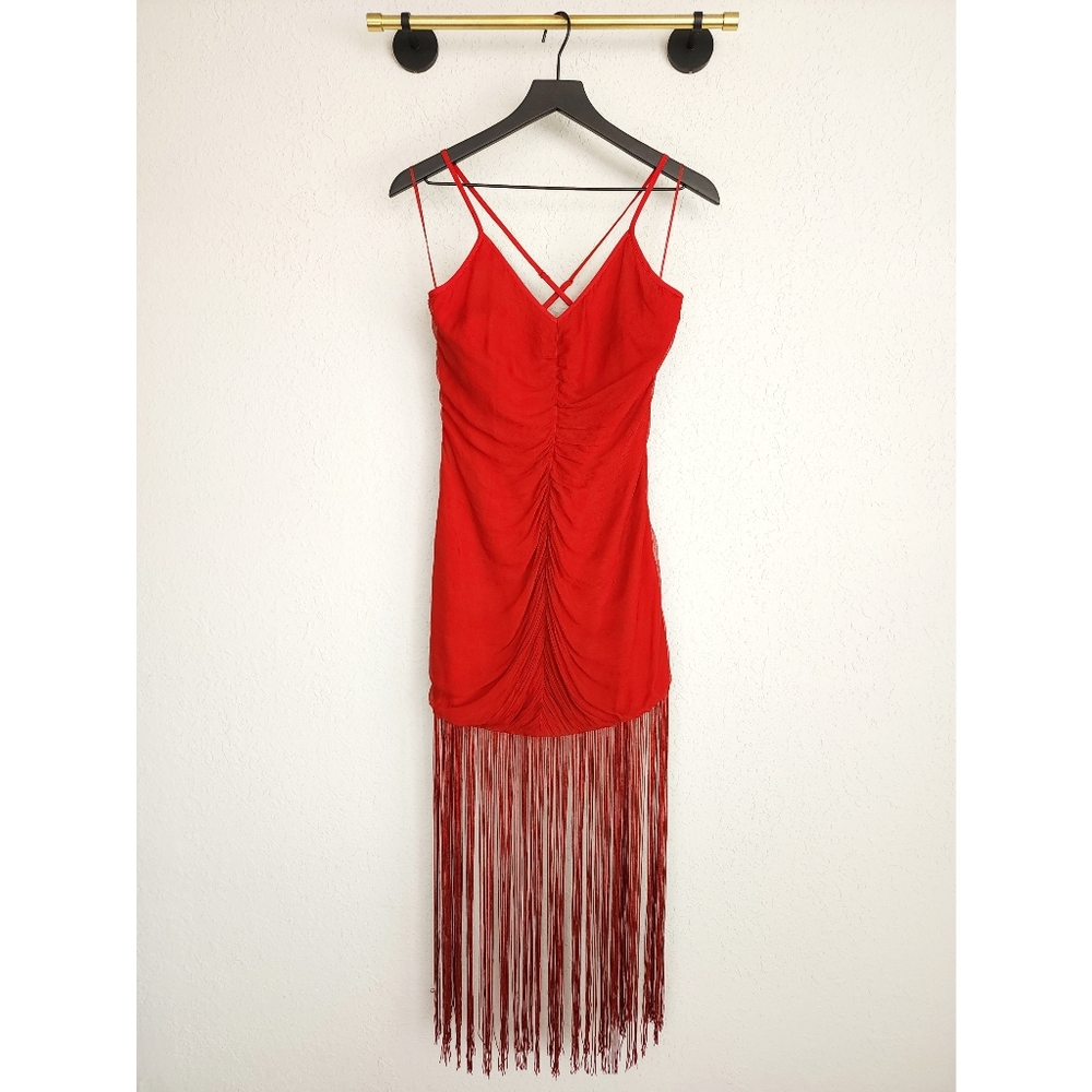 Anthropologie Vineet Bahl S Red Sleeveless V-Neck Ruched Fringe Maxi Dress NWT